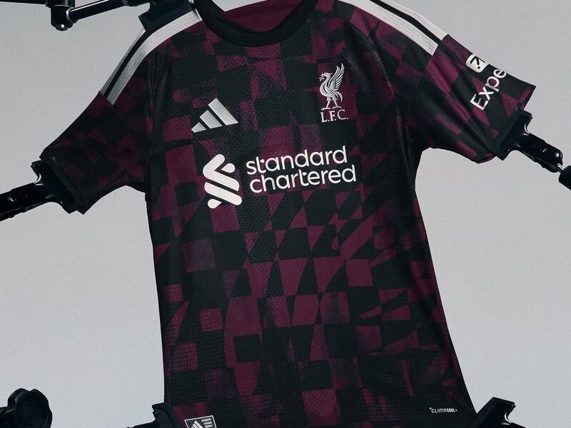 Liverpool F.C. 2026/27 adidas third kit with a maroon and black pattern